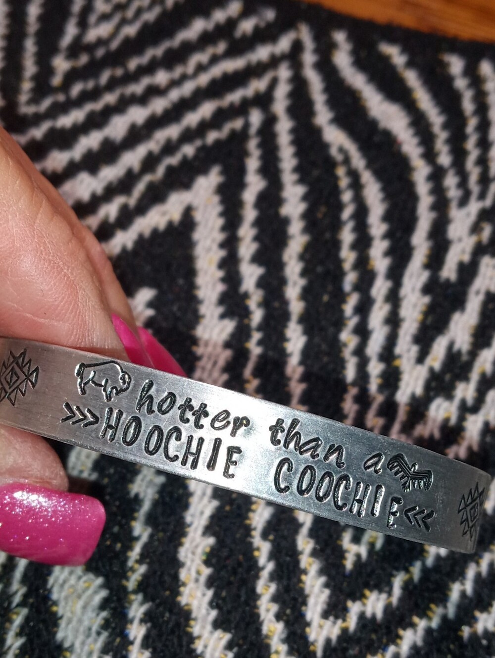 Engraved Silver Tone Statement Cuff Bracelet - 'Hotter Than a Hoochie Coochie'